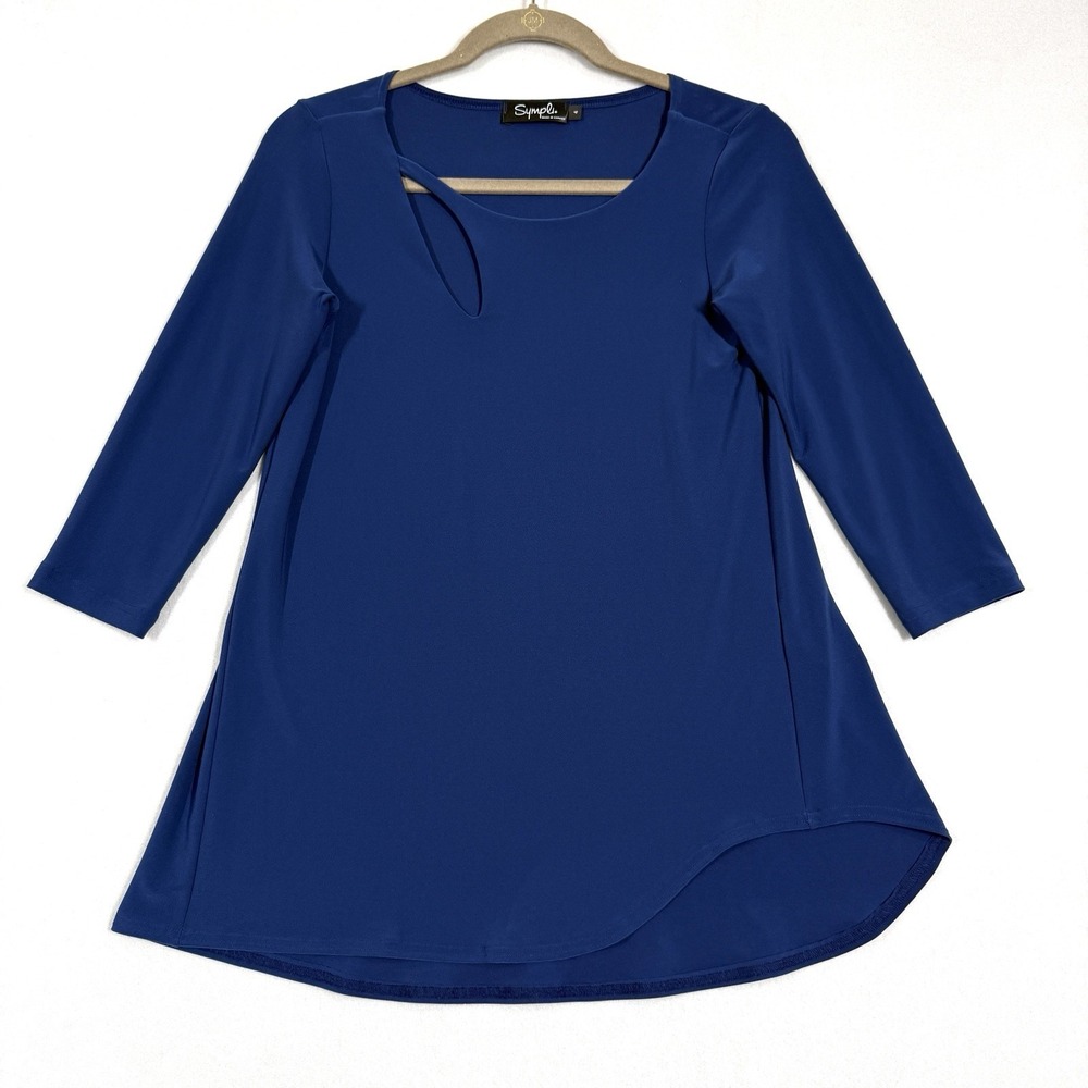 Sympli Top Womens 4 Asymmetric Tunic Lagenlook Travel Stretch 3/4 Sleeve Blue